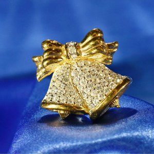 Swarovski crystal brooch pin bells bow gold tone
